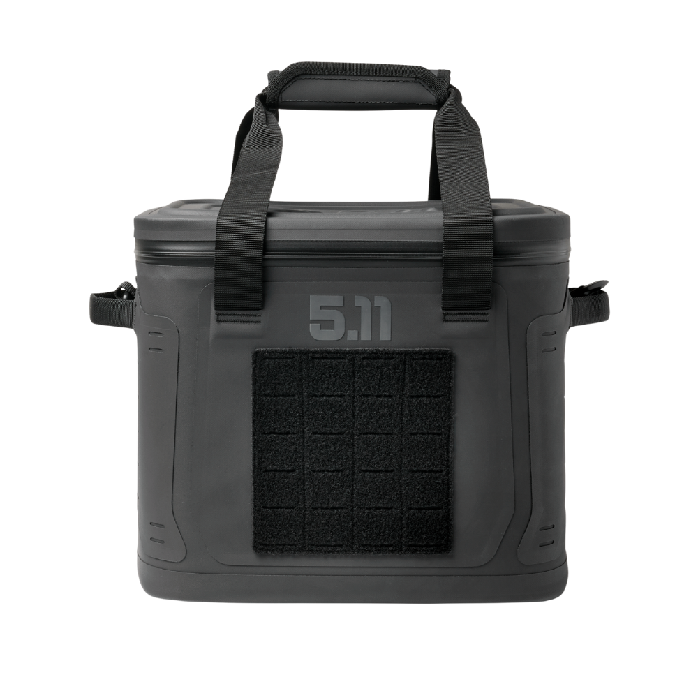 Black tactical cooler bag with handle on a white background