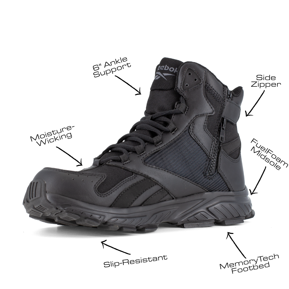 Reebok Hyperium Tactical men's 6-inch trail running tactical boot, angled view of the inner side with feature callouts