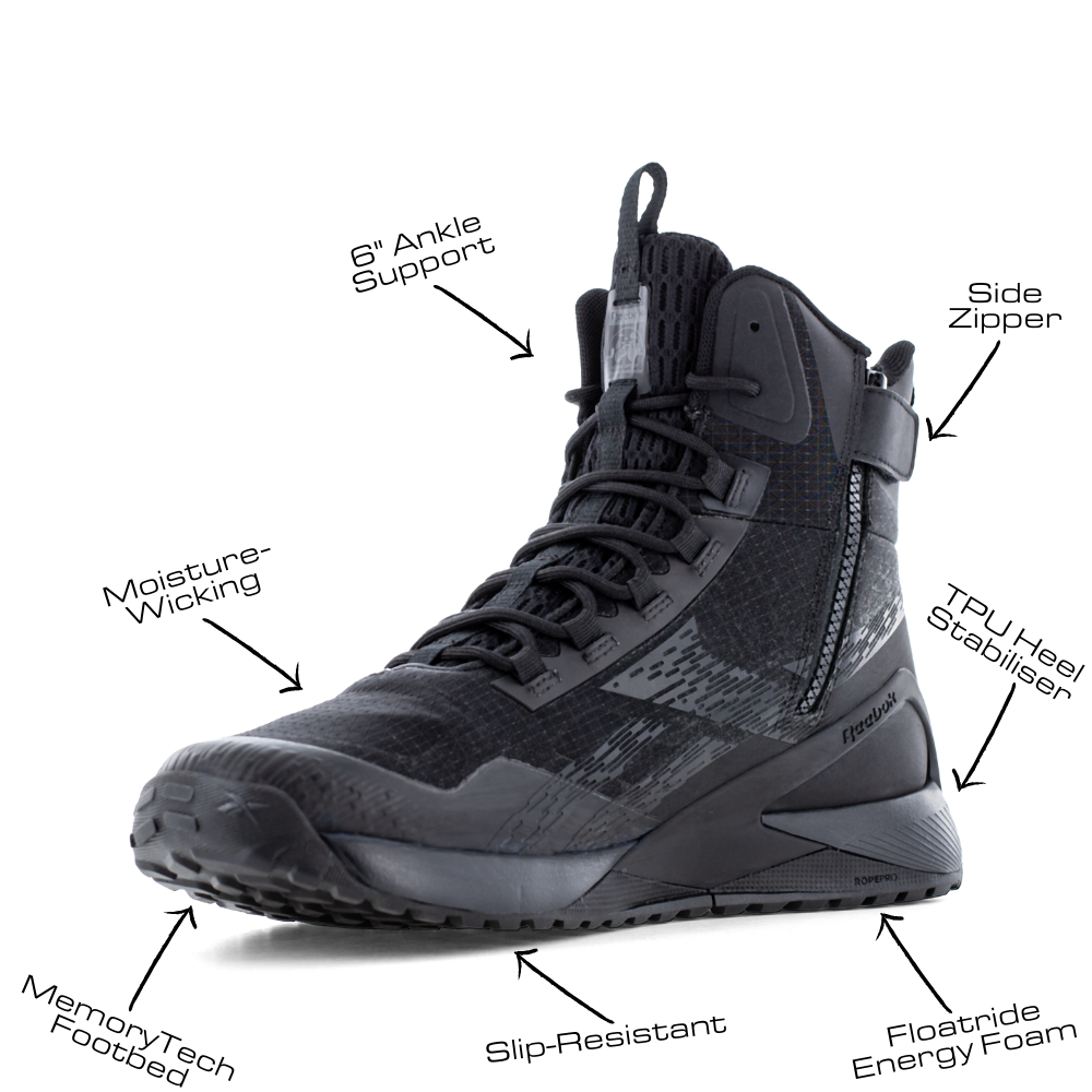 Reebok Nano X1 Adventure 6 tactical side zip boot in black, angled view of the inner side with feature callouts