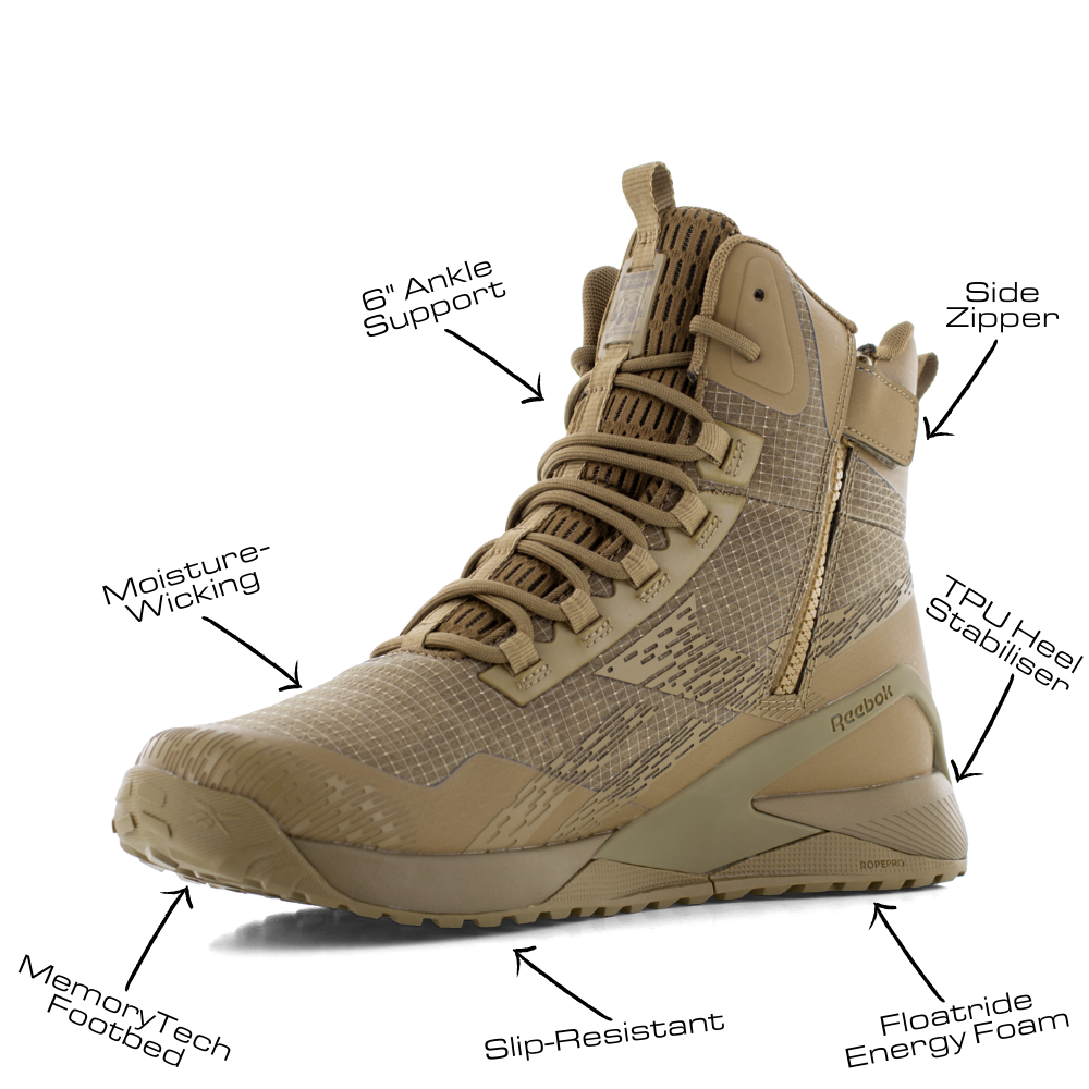 Reebok Nano X1 Adventure 6 tactical side zip boot in coyote, angled view of the inner side with feature callouts