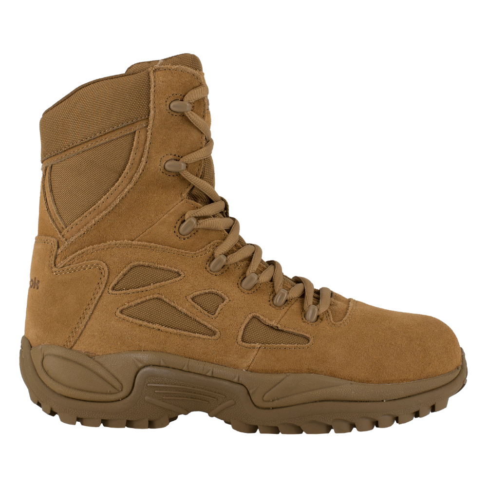 Reebok Rapid Response 8 side zip composite toe boot in coyote, side view of the outer side