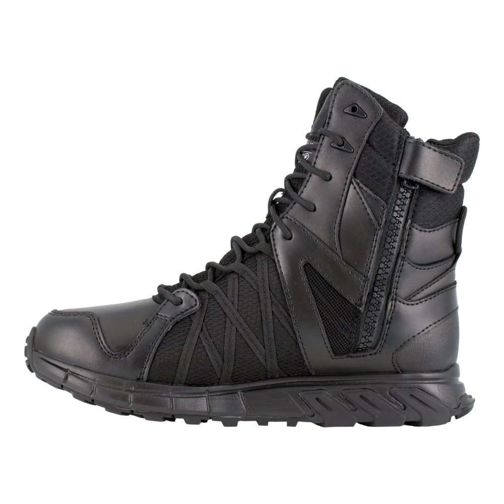 Reebok Trailgrip Tactical 8 side zip waterproof boot in black, side view of the inner side