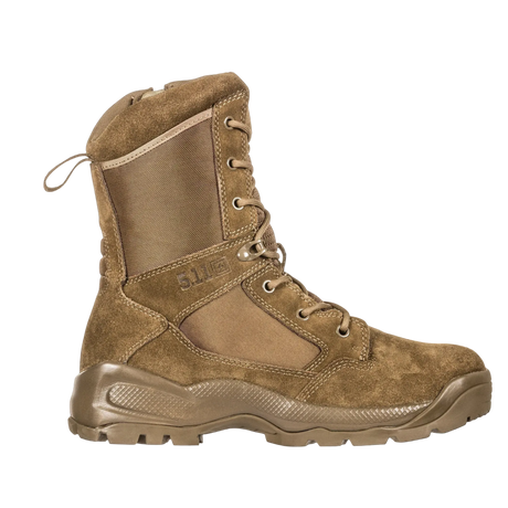 A single 5.11" tactical combat boot in coyote brown suede and nylon, shown from a side profile view against a solid white background.