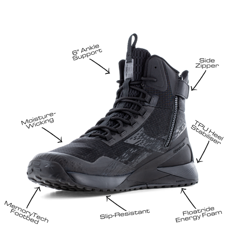Reebok Nano X1 Adventure 6 tactical side zip boot in black, angled view of the inner side with feature callouts