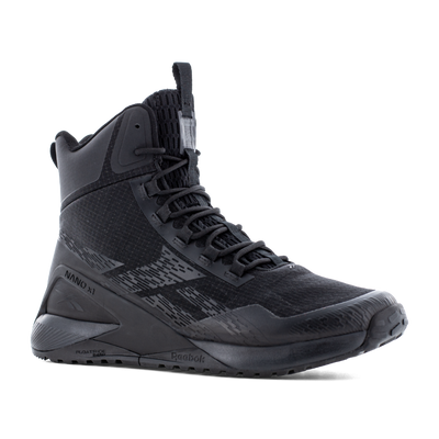 Reebok Nano X1 Adventure 6 tactical side zip boot in black, angled view of the outer side