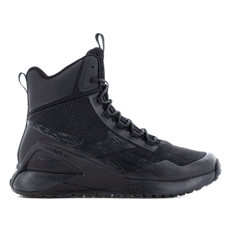 Reebok Nano X1 Adventure 6 tactical side zip boot in black, side view of the outer side