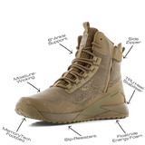 Reebok Nano X1 Adventure 6 tactical side zip boot in coyote, angled view of the inner side with feature callouts