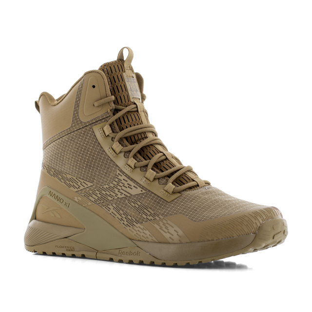 Reebok Nano X1 Adventure 6 tactical side zip boot in coyote, angled view of the outer side