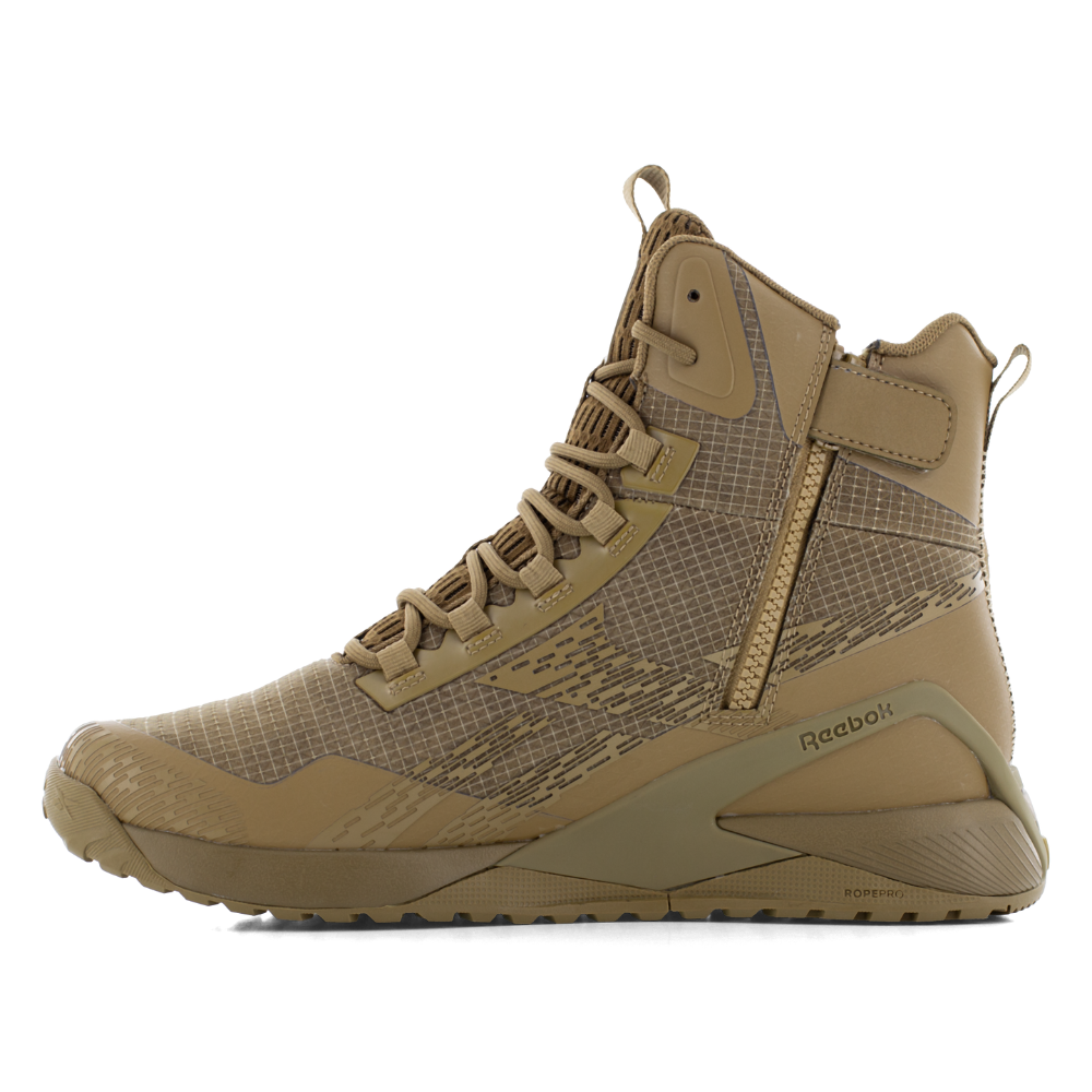 Reebok Nano X1 Adventure 6 tactical side zip boot in coyote, side view of the inner side