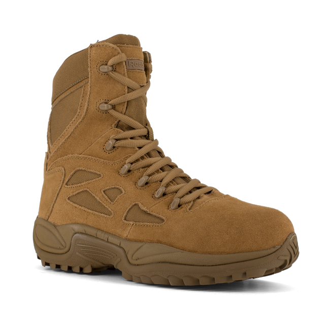Reebok Rapid Response 8 side zip composite toe boot in coyote, angled view of the outer side