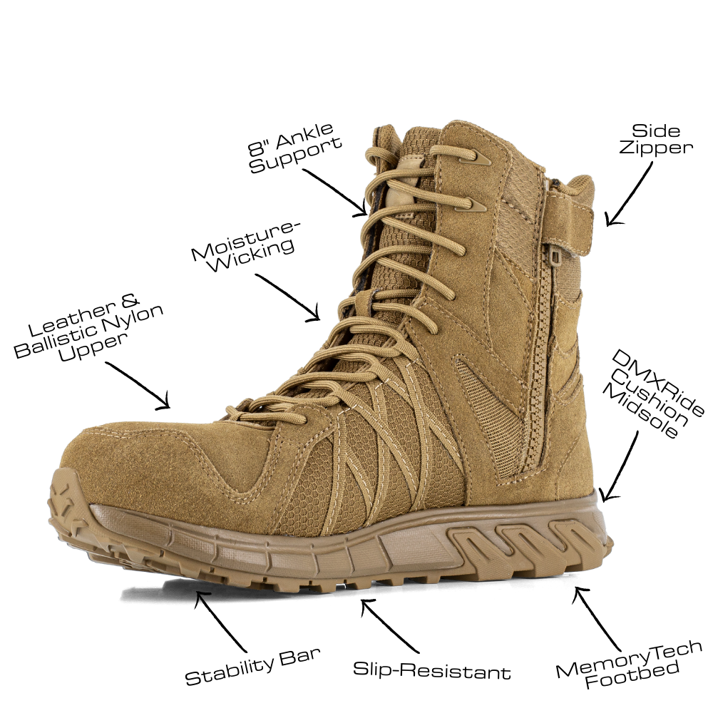 Reebok Trailgrip Tactical 8 side zip boot, angled view of the inner side with feature callouts