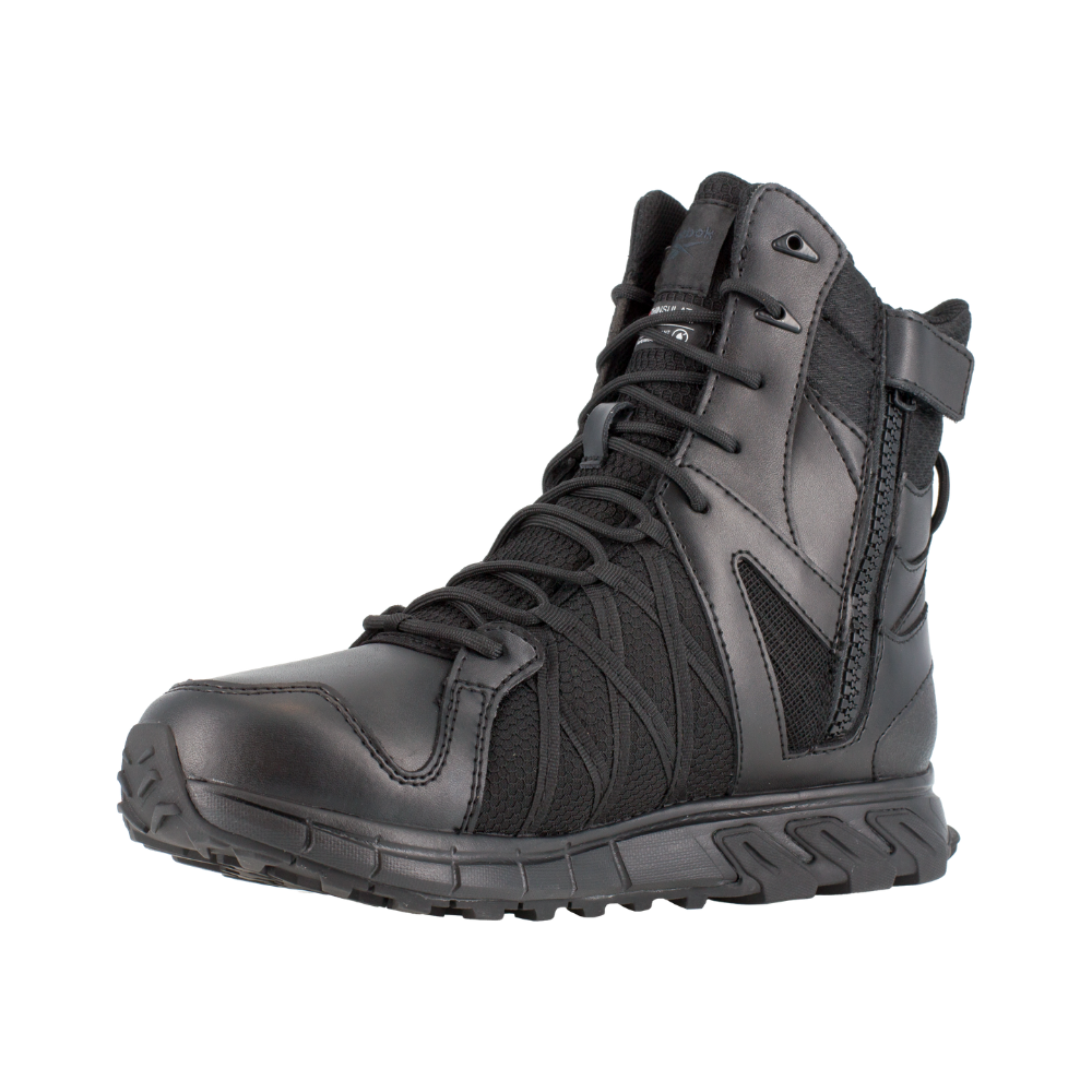 Reebok Trailgrip Tactical 8 side zip waterproof boot in black, angled view of the inner side