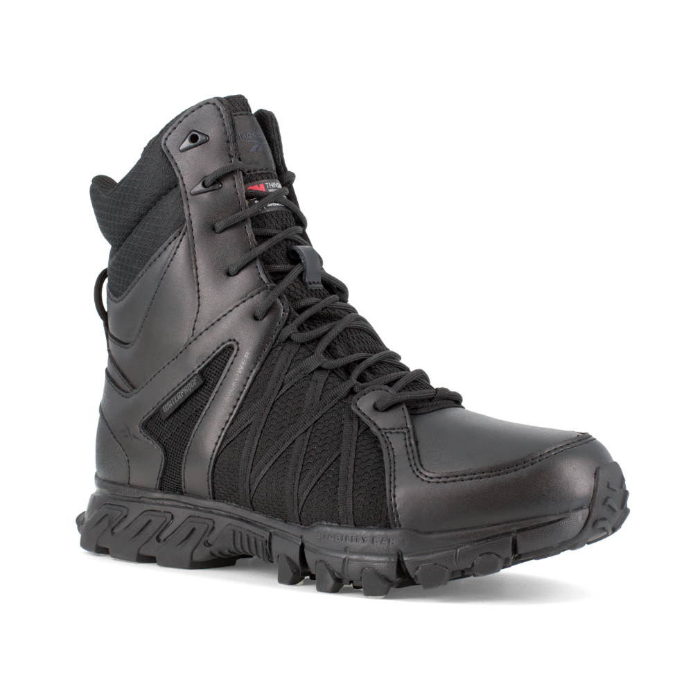 Reebok Trailgrip Tactical 8 side zip waterproof boot in black, angled view of the outer side