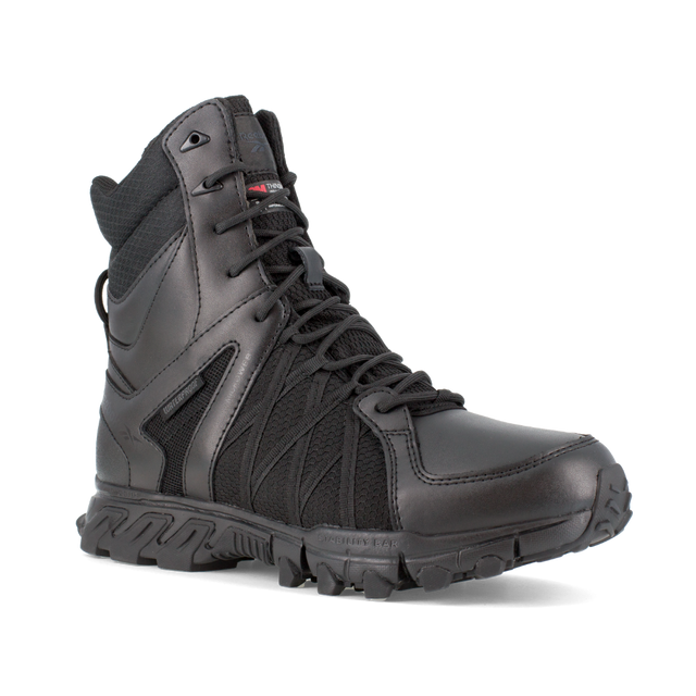 Reebok Trailgrip Tactical 8 side zip waterproof boot in black, angled view of the outer side