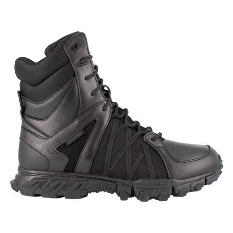 Reebok Trailgrip Tactical 8 side zip waterproof boot in black, side view of the outer side